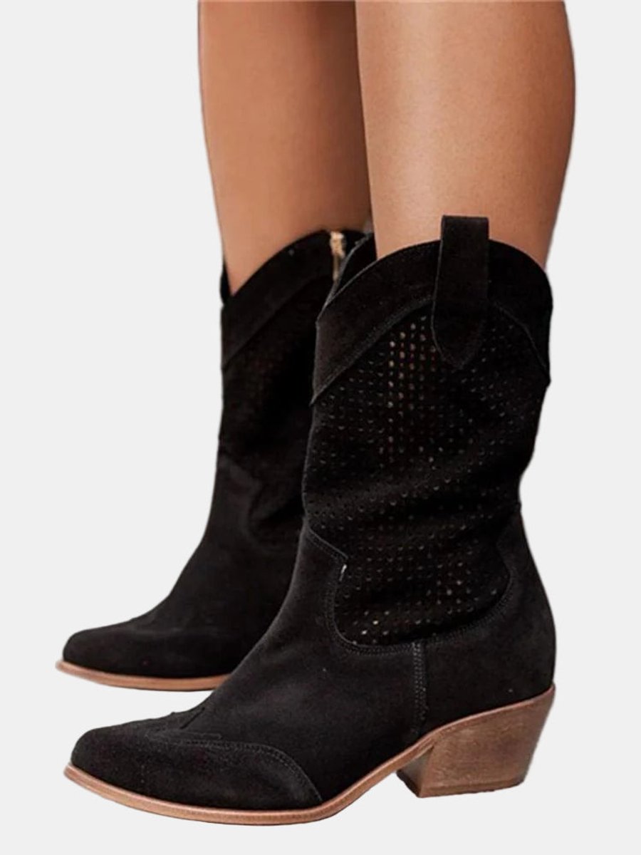 Women's Perforated Suede Mid-Calf Knee High Boots Block Heel - Black