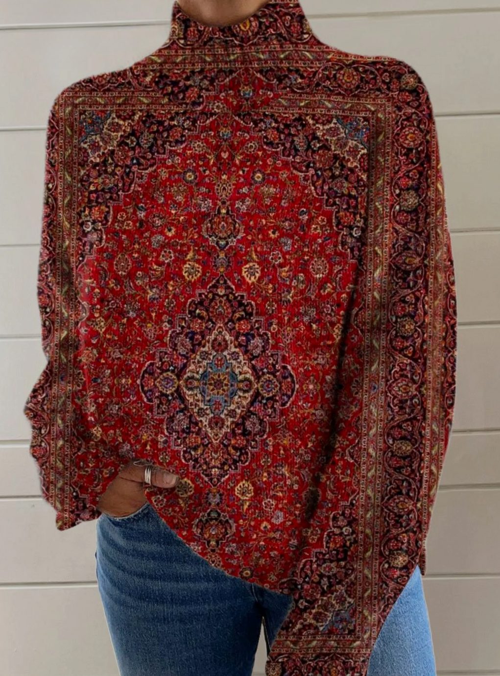 Women's Persian Medallion Print Mock-Neck Long-Sleeve Top - Multicolor