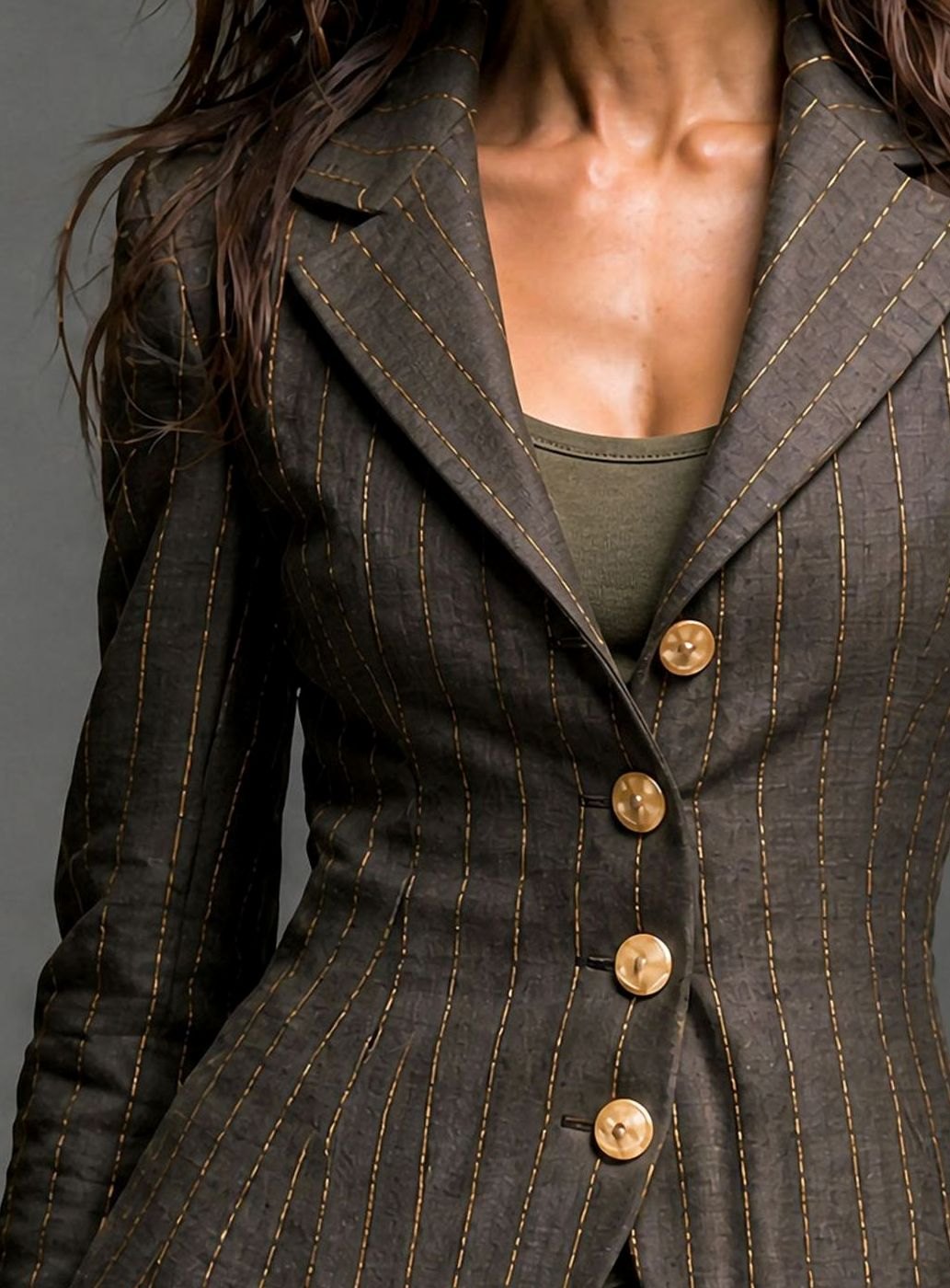 Women's Pinstripe Structured Button-Front Tailored Blazer