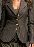 Women's Pinstripe Structured Button-Front Tailored Blazer - Vintage Charcoal Brown Tones