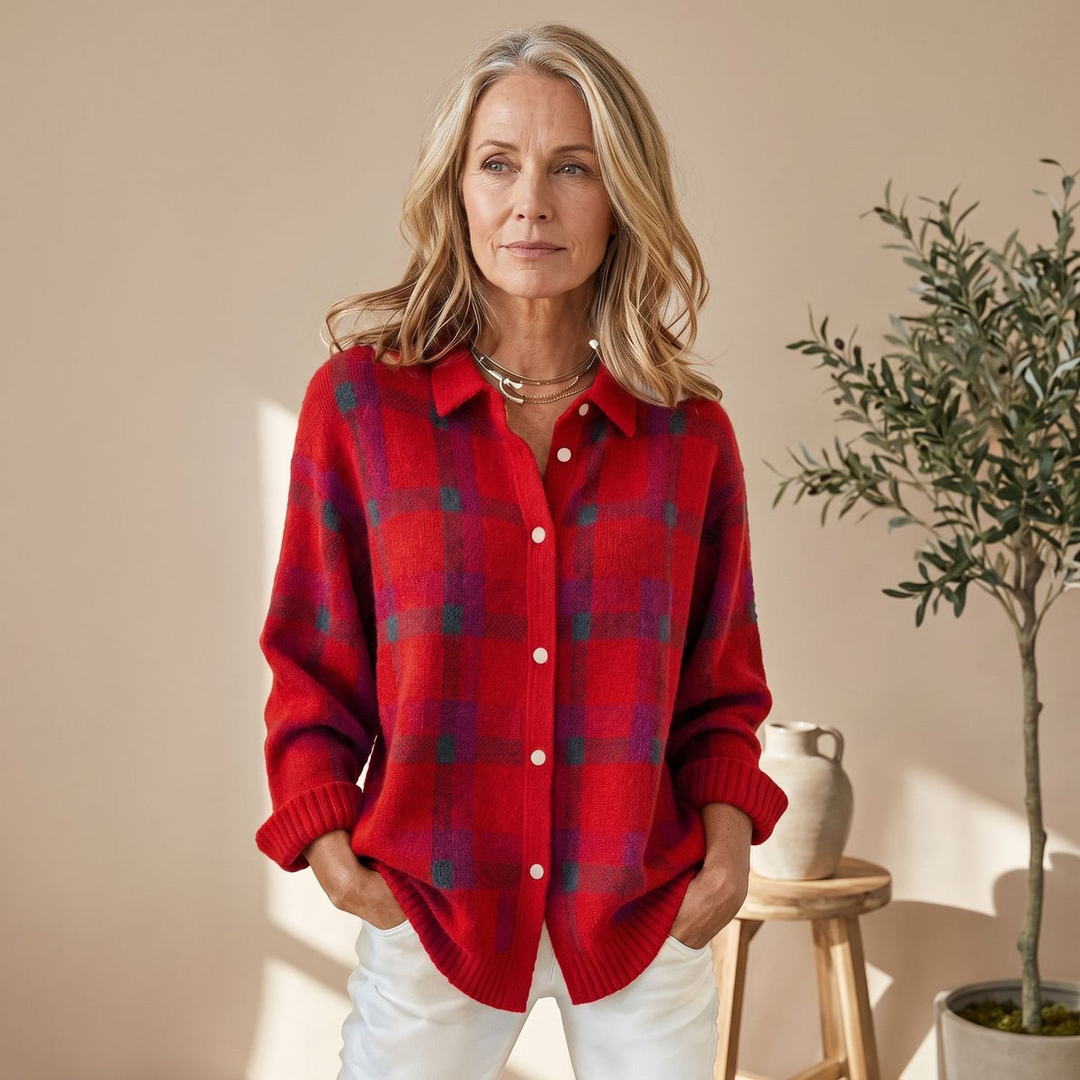 Women's Plaid Button-Up Knit Cardigan Shirt - Red