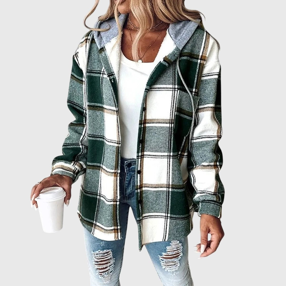 Women's Plaid Hooded Button-Up Shacket Coat - Green