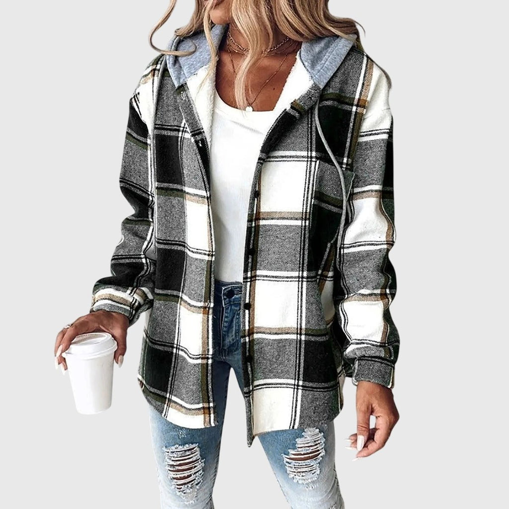 Women's Plaid Hooded Button-Up Shacket Coat - Black