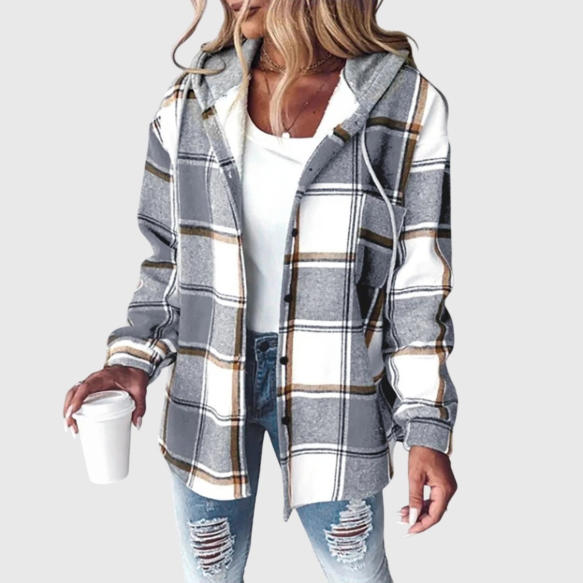 Women's Plaid Hooded Button-Up Shacket Coat - Grey