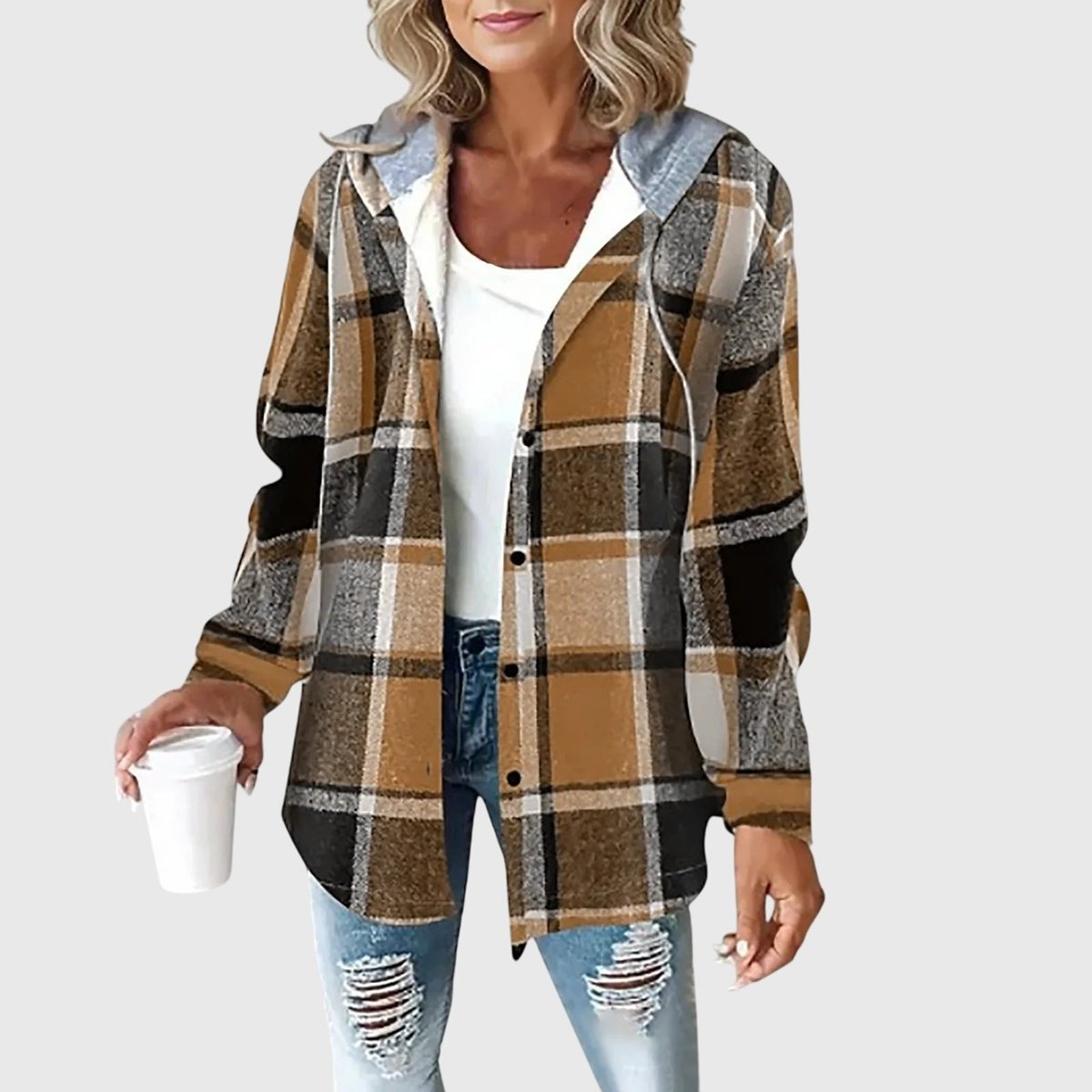 Women's Plaid Hooded Button-Up Shacket Coat - Brown