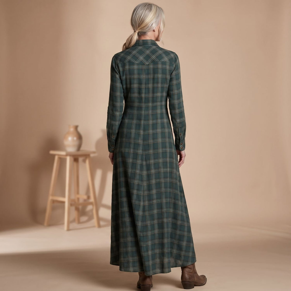 Women's Plaid Long-Sleeve Button-Down Maxi Shirt Dress