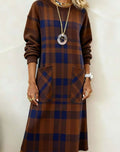 Women's Plaid Long Sleeve Dress Relaxed Shift Midi Pockets - Brown
