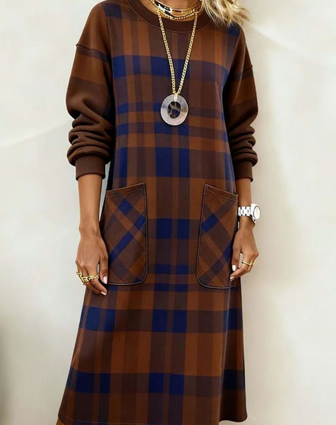 Women's Plaid Long Sleeve Dress Relaxed Shift Midi Pockets - Brown