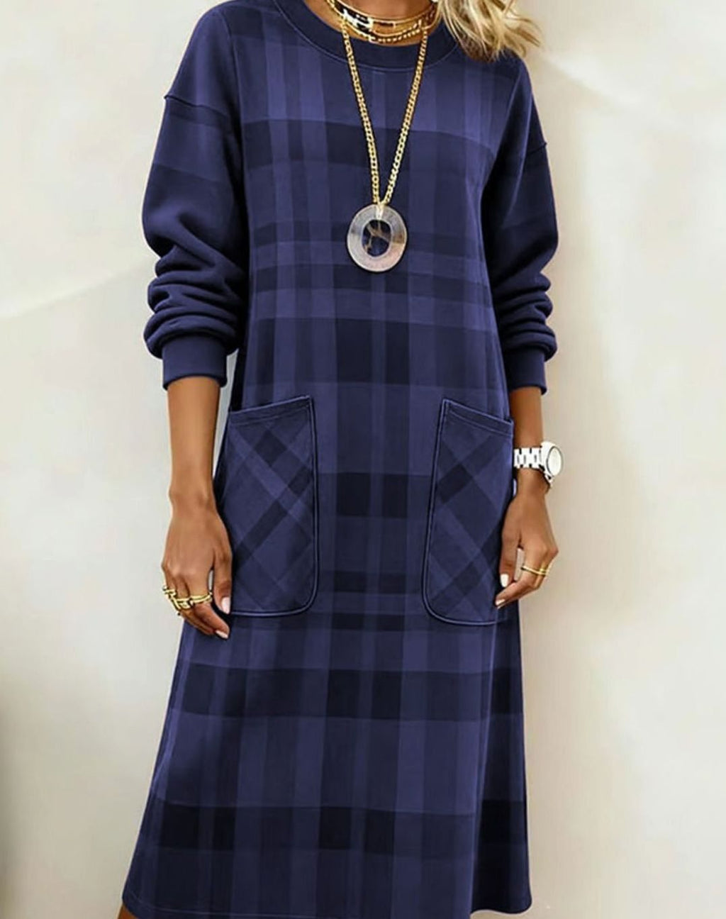 Women's Plaid Long Sleeve Dress Relaxed Shift Midi Pockets - Blue