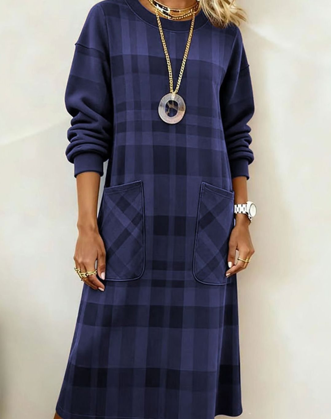 Women's Plaid Long Sleeve Dress Relaxed Shift Midi Pockets - Blue
