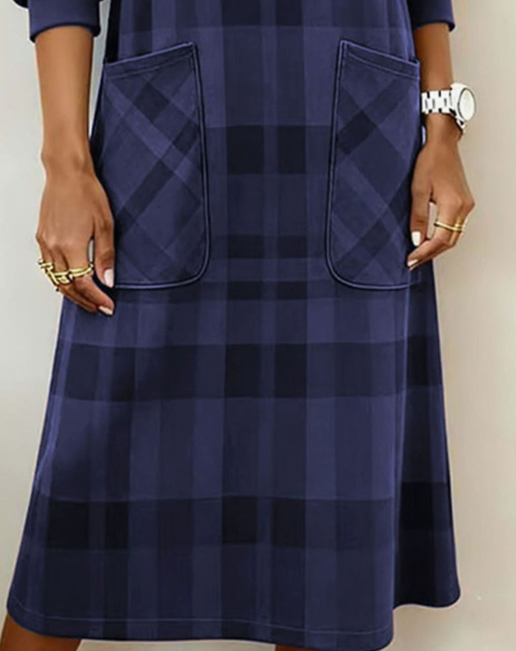 Women's Plaid Long Sleeve Dress Relaxed Shift Midi Pockets