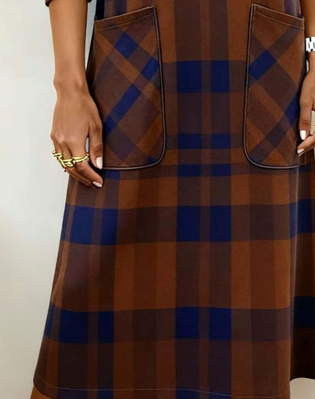 Women's Plaid Long Sleeve Dress Relaxed Shift Midi Pockets