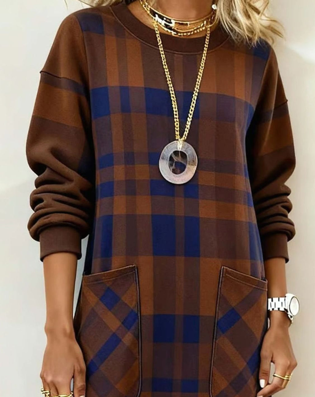 Women's Plaid Long Sleeve Dress Relaxed Shift Midi Pockets