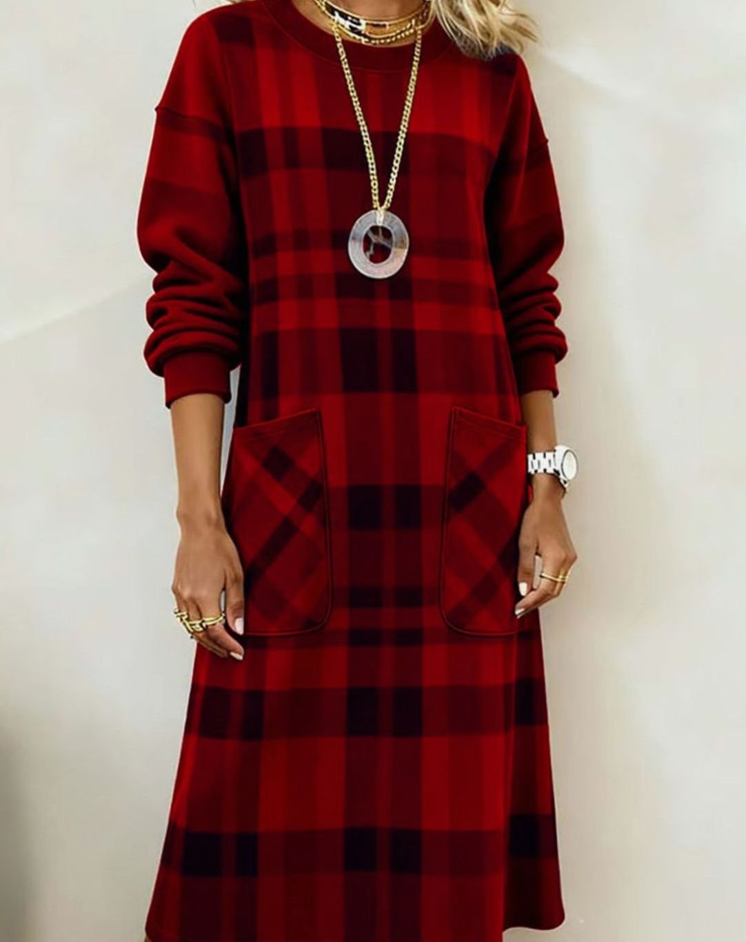 Women's Plaid Long Sleeve Dress Relaxed Shift Midi Pockets - Red