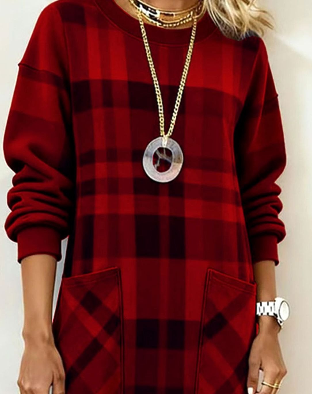 Women's Plaid Long Sleeve Dress Relaxed Shift Midi Pockets