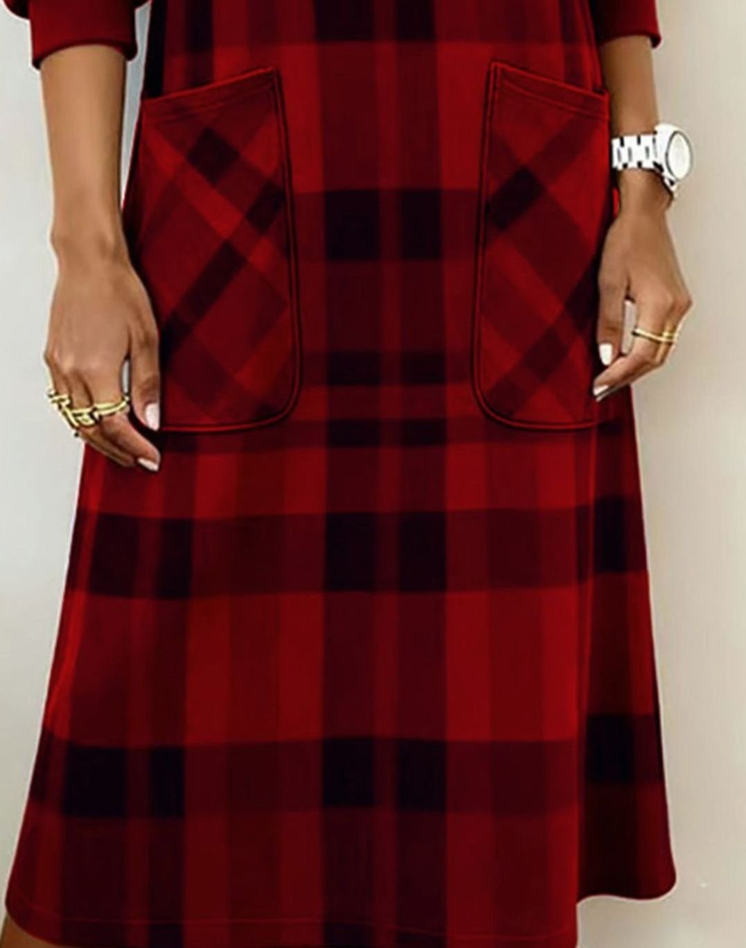 Women's Plaid Long Sleeve Dress Relaxed Shift Midi Pockets