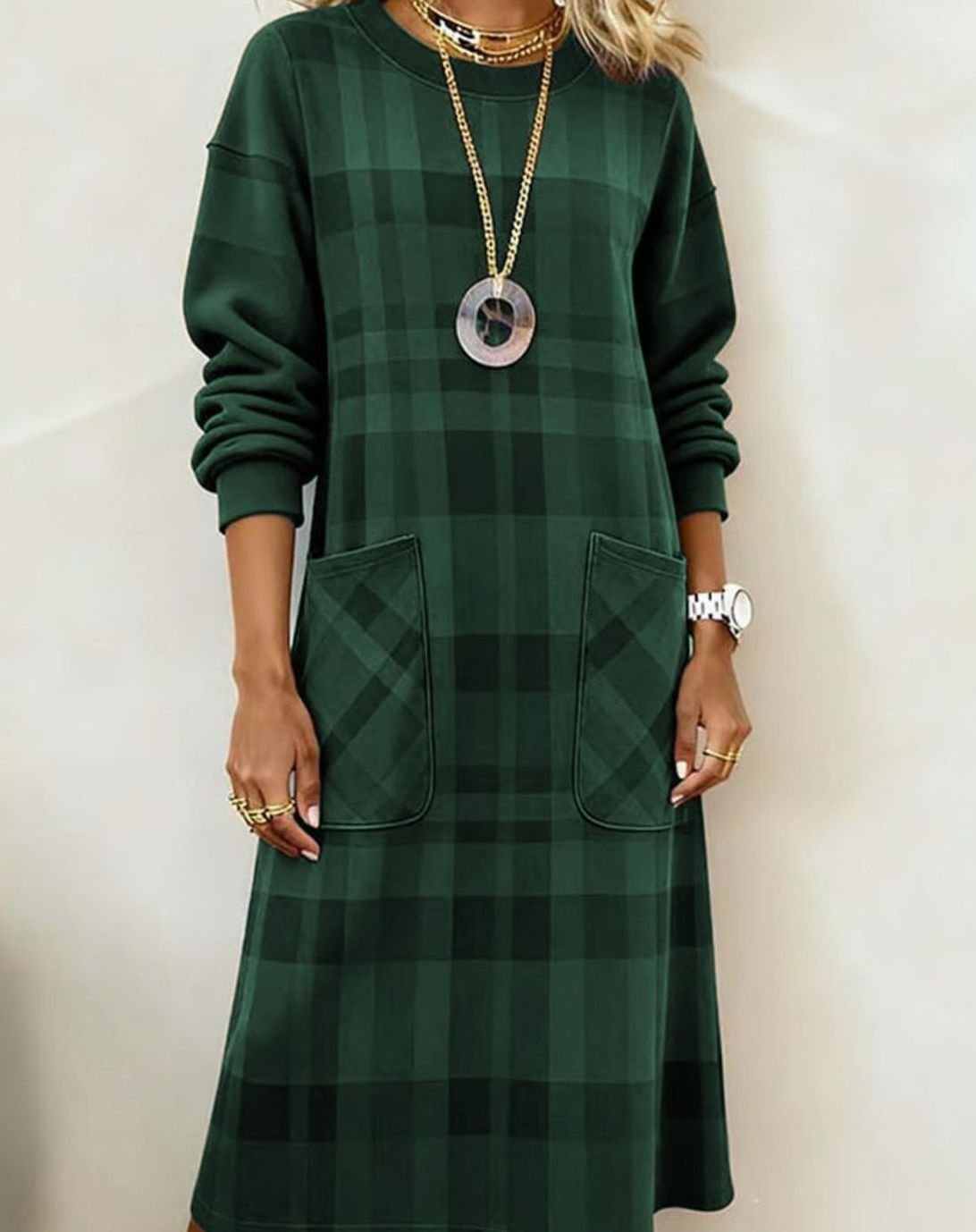 Women's Plaid Long Sleeve Dress Relaxed Shift Midi Pockets - Green