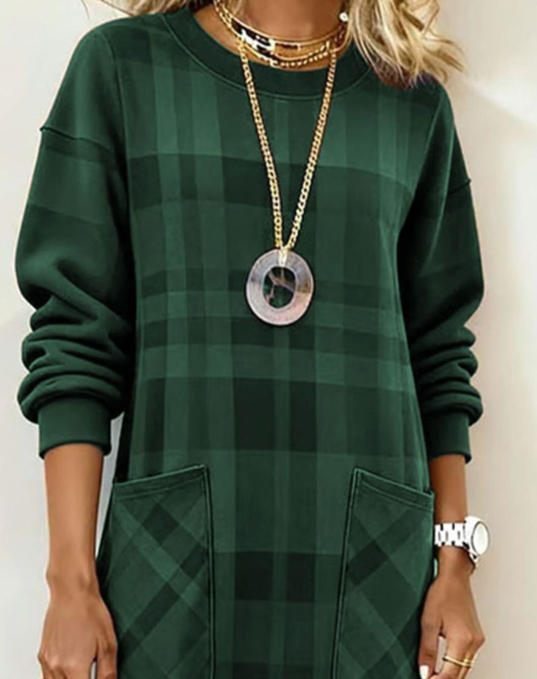 Women's Plaid Long Sleeve Dress Relaxed Shift Midi Pockets