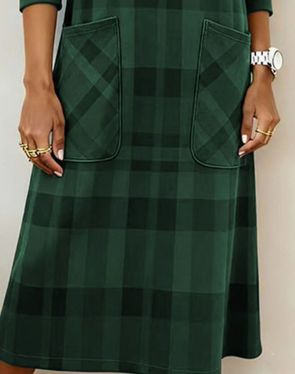 Women's Plaid Long Sleeve Dress Relaxed Shift Midi Pockets