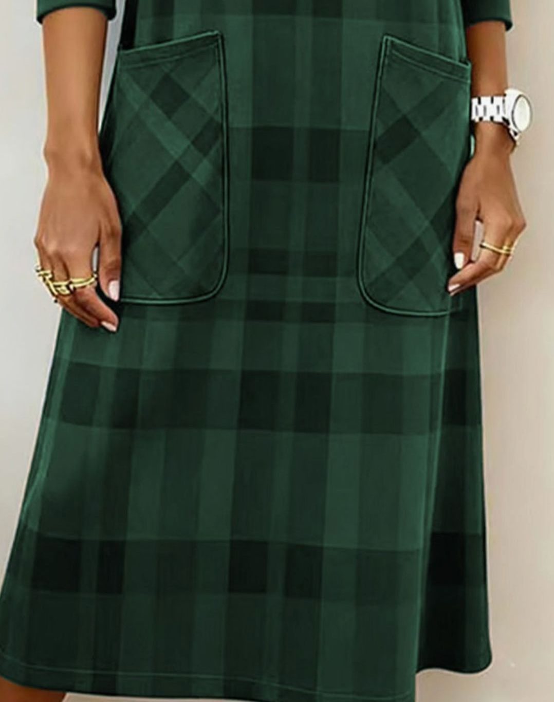 Women's Plaid Long Sleeve Dress Relaxed Shift Midi Pockets