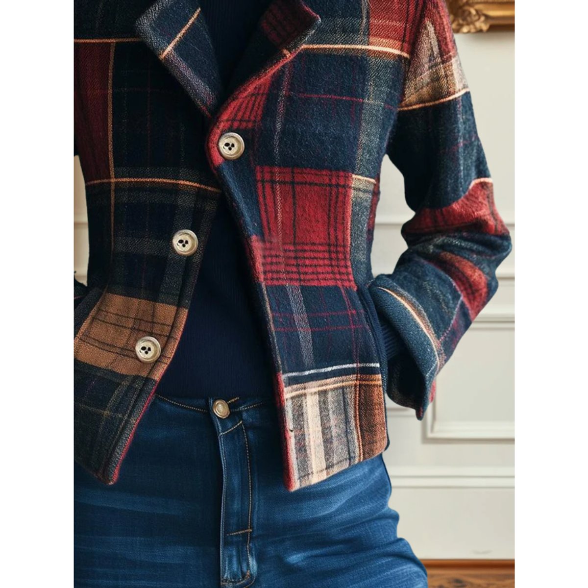 Women's Plaid Patchwork Single-Breasted Cropped Wool-Blend Jacket