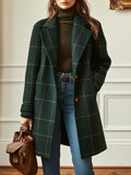 Women's Plaid Wool-Blend Lapel Collar Midi Coat - Dark Green