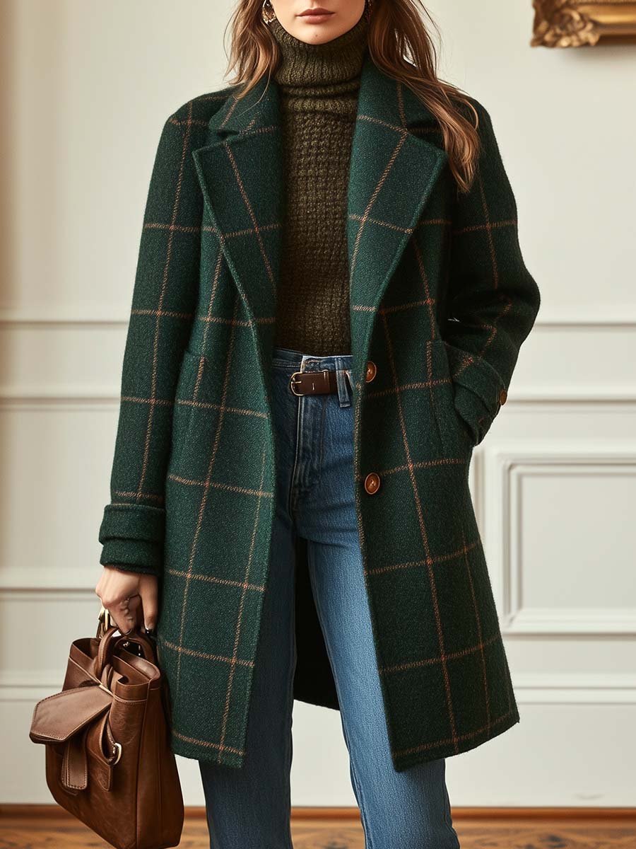 Women's Plaid Wool-Blend Lapel Collar Midi Coat - Dark Green
