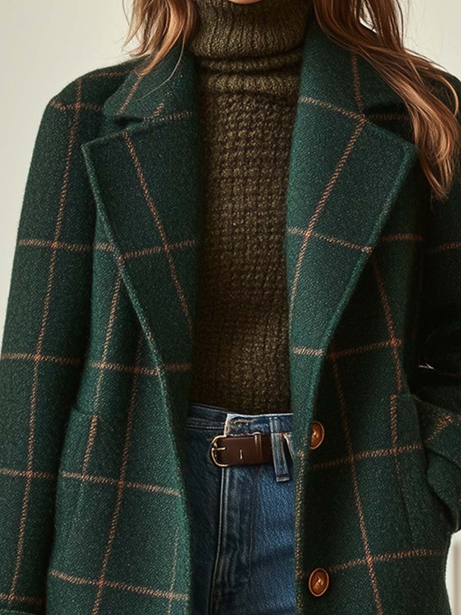 Women's Plaid Wool-Blend Lapel Collar Midi Coat