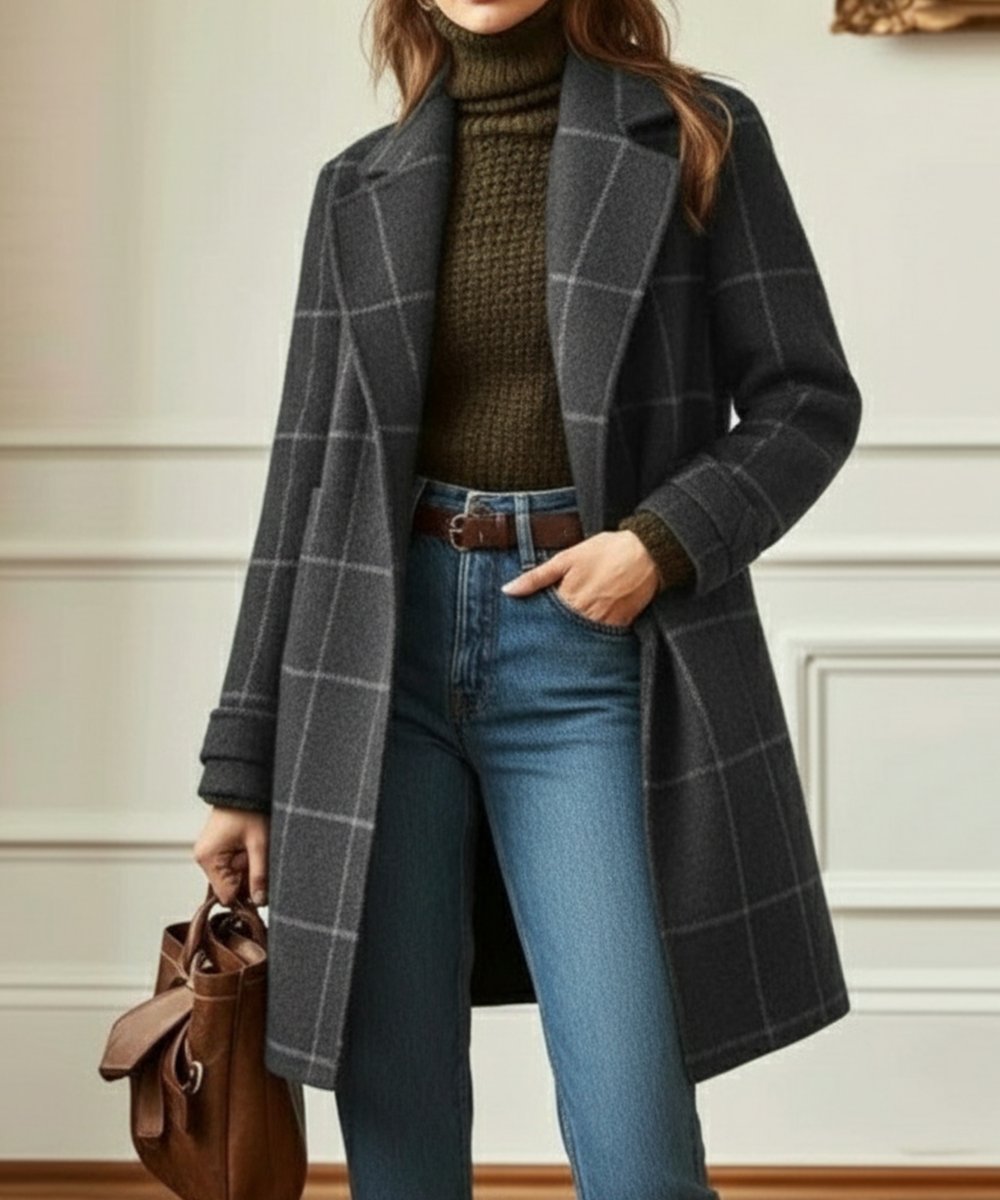 Women's Plaid Wool-Blend Lapel Collar Midi Coat - Grey