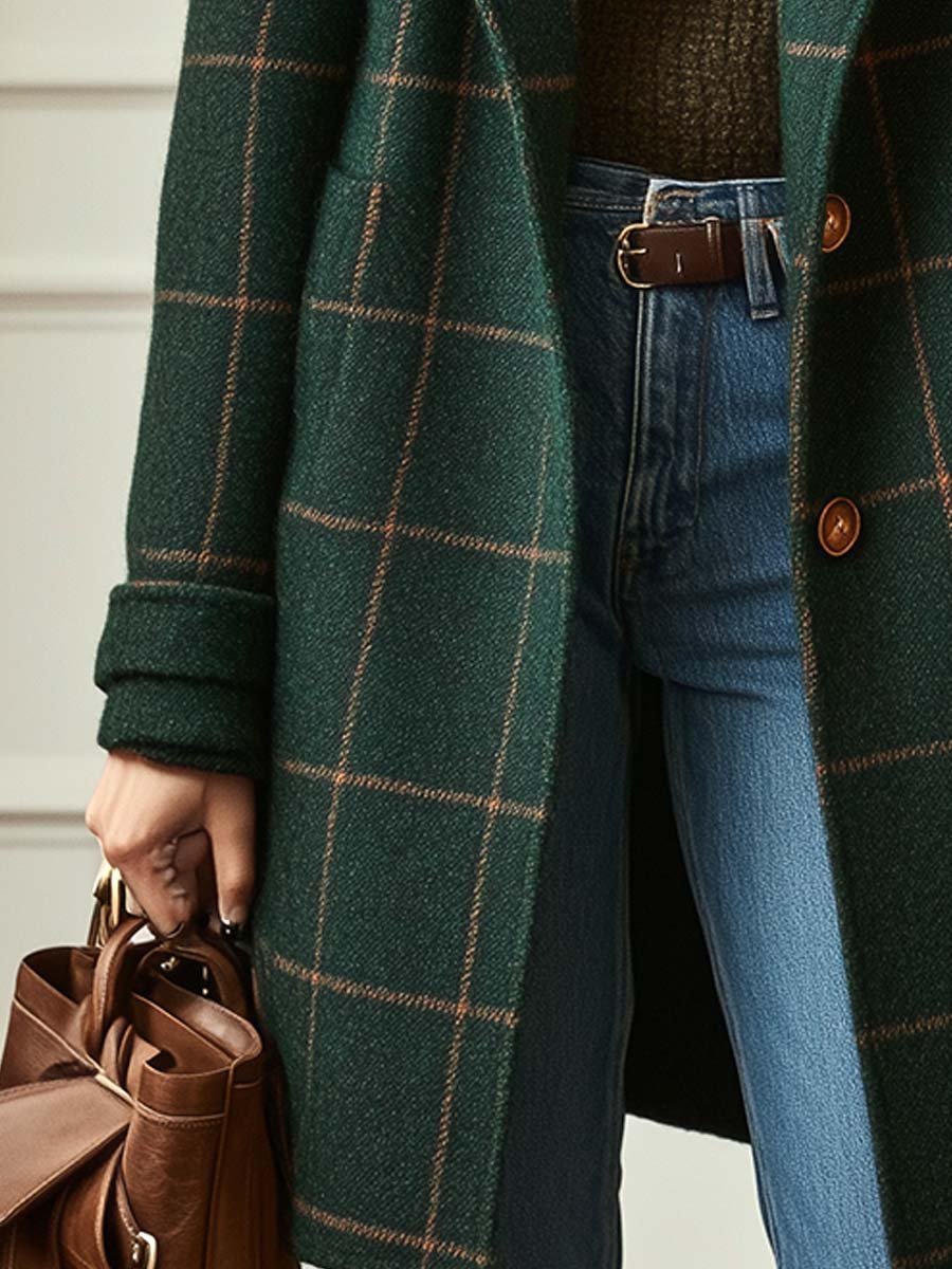 Women's Plaid Wool-Blend Lapel Collar Midi Coat