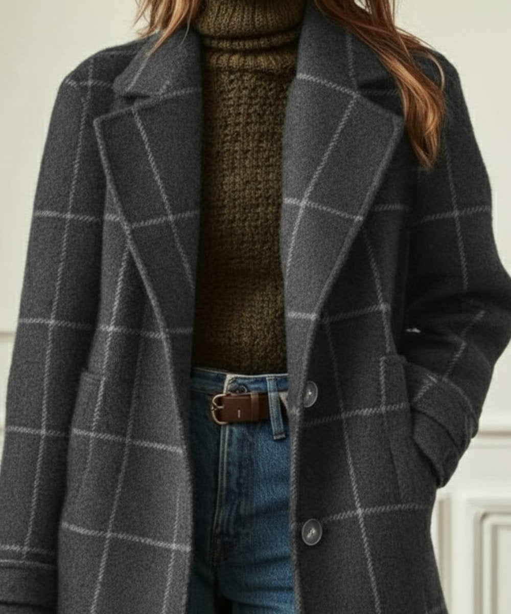 Women's Plaid Wool-Blend Lapel Collar Midi Coat