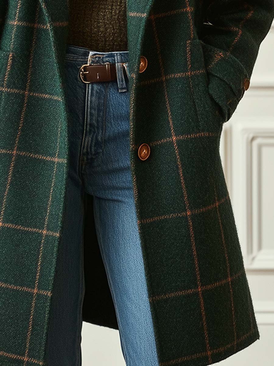 Women's Plaid Wool-Blend Lapel Collar Midi Coat