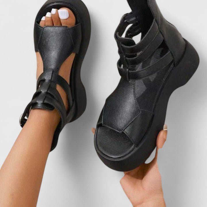 Women's Platform Gladiator Sandals Double-Buckle Ankle Strap - Schwarz