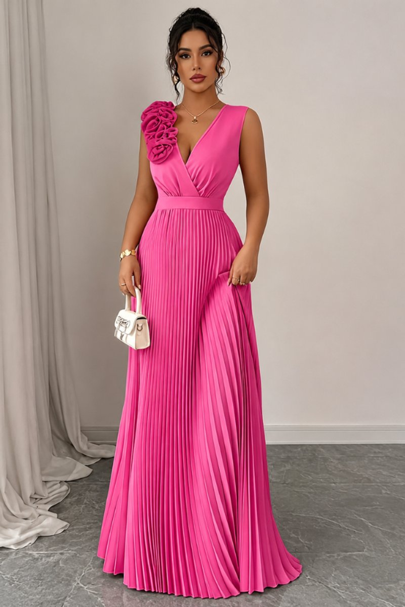 Women's Pleated A-Line Floral Applique Sleeveless Evening Gown - Rose Red