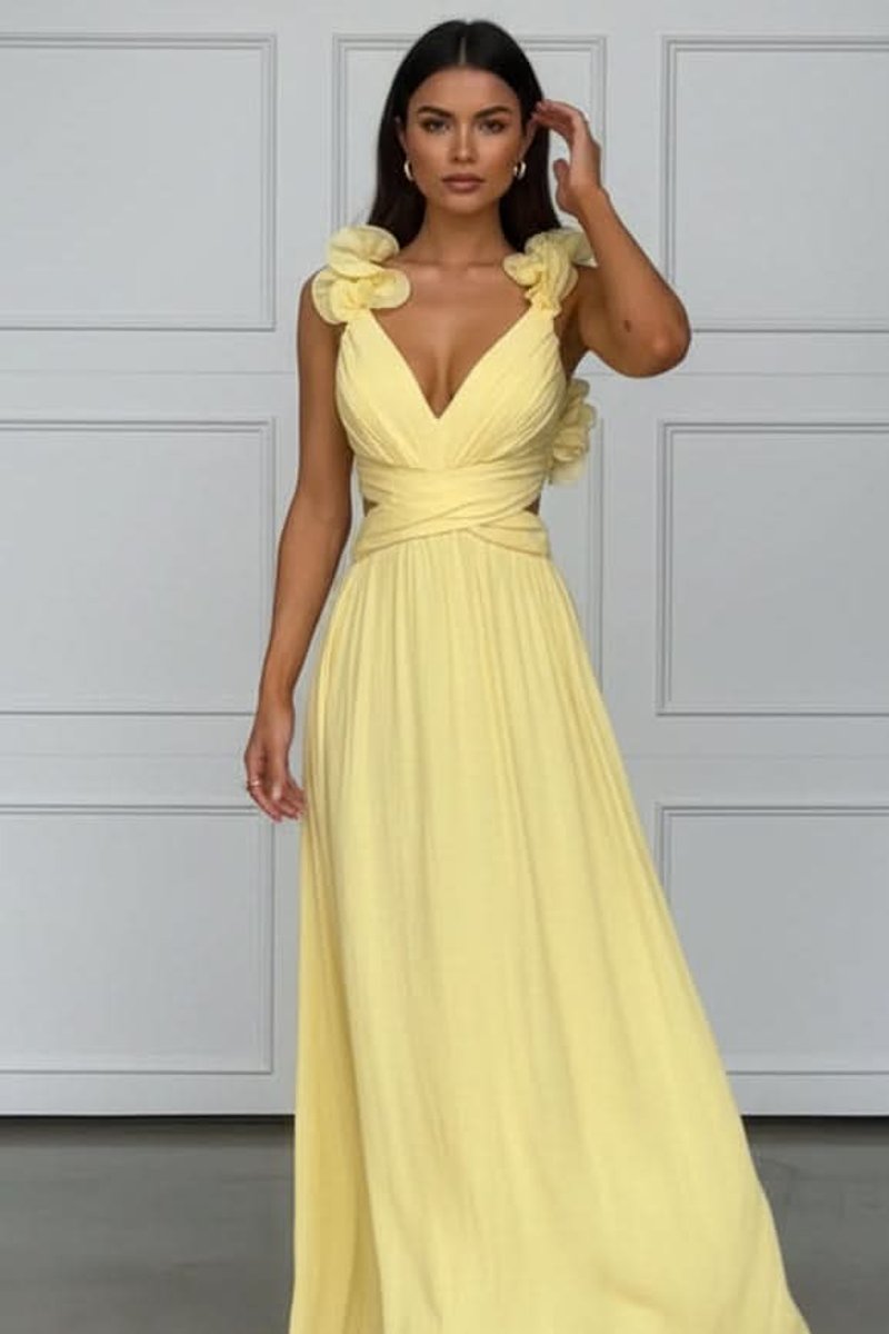 Women's Pleated A-Line Floral Applique Sleeveless Evening Gown - Bright Yellow