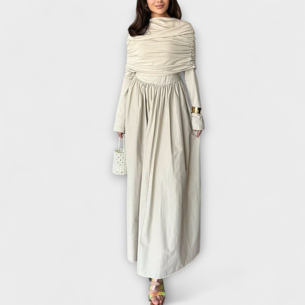 Women's Pleated Long-Sleeve Flared Maxi Dress - White