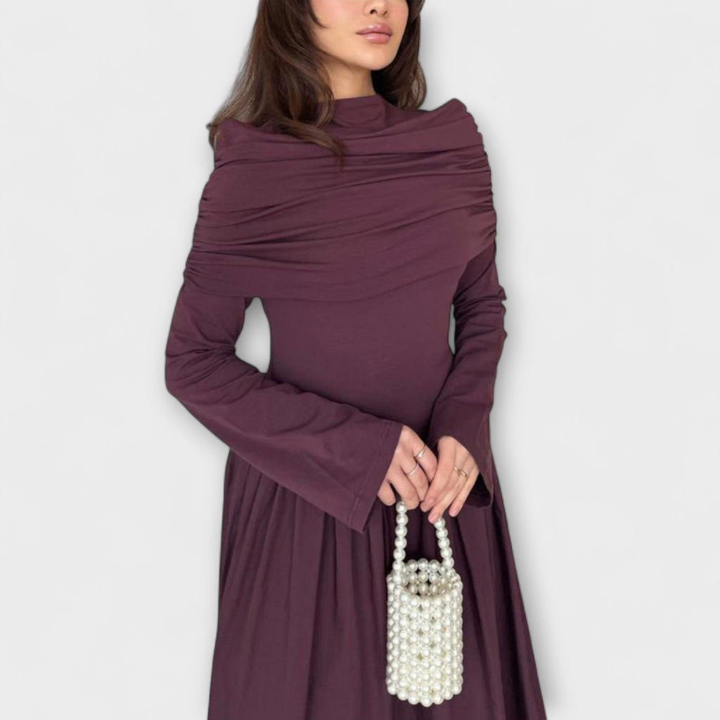 Women's Pleated Long-Sleeve Flared Maxi Dress