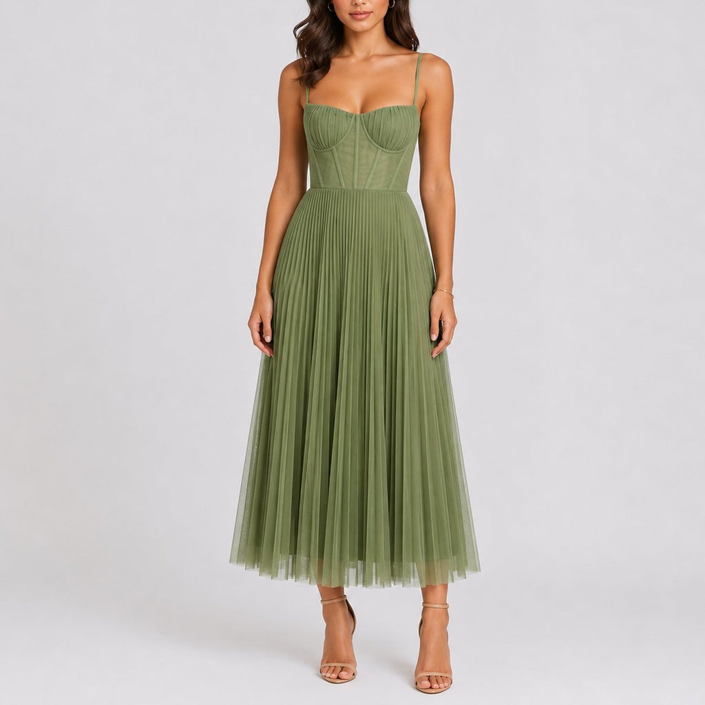 Women's Pleated Tulle Corset Midi Fall Wedding Guest Dresses - Green