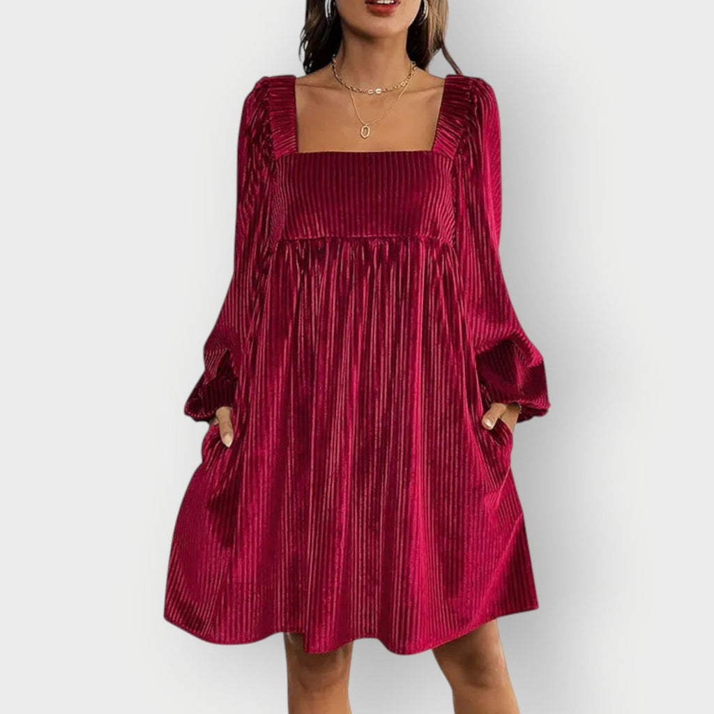Women's Pleated Velvet Square-Neck Long-Sleeve Formal Dresses