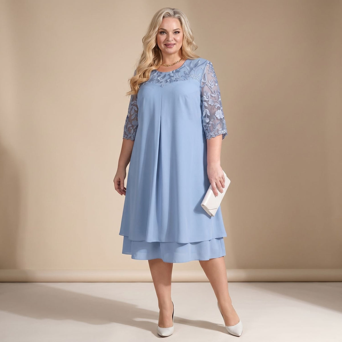 Women's Plus Size Floral Lace Midi Dress Round Neck Half Sleeve - Sky Blue