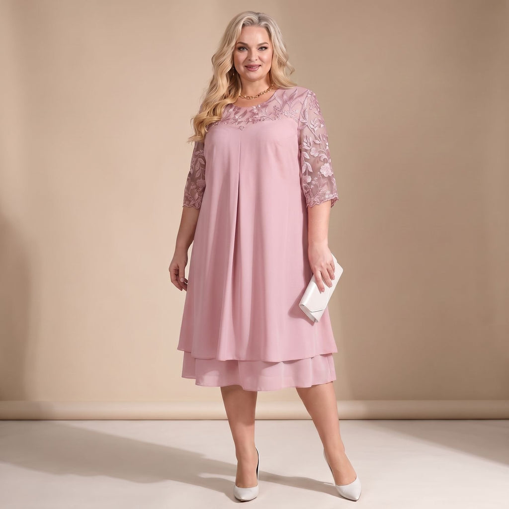 Women's Plus Size Floral Lace Midi Dress Round Neck Half Sleeve - Pink