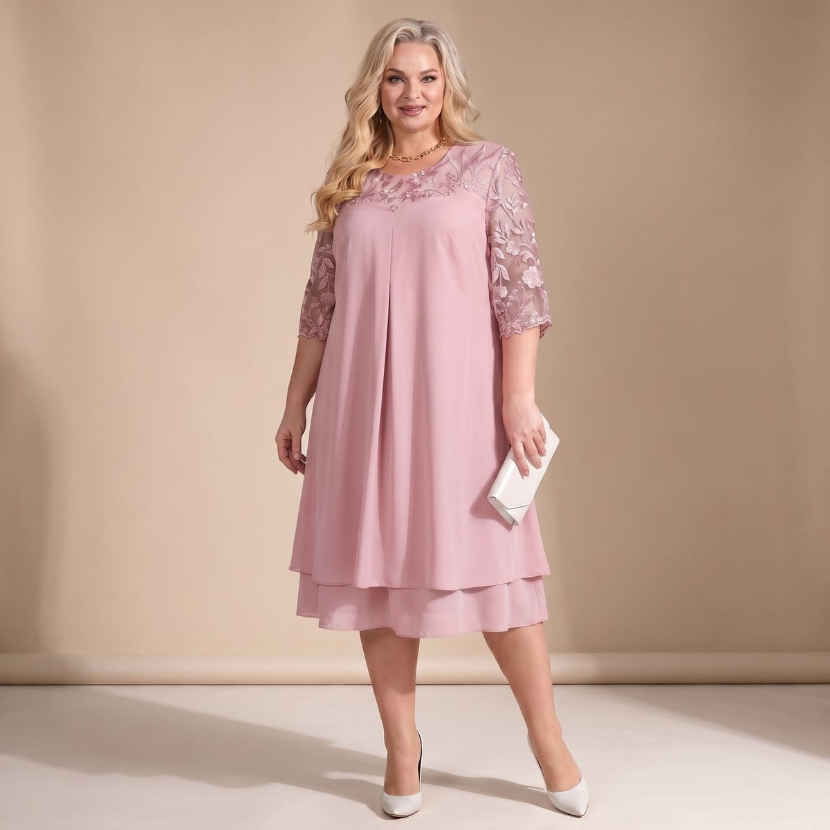 Women's Plus Size Floral Lace Midi Dress Round Neck Half Sleeve - Pink