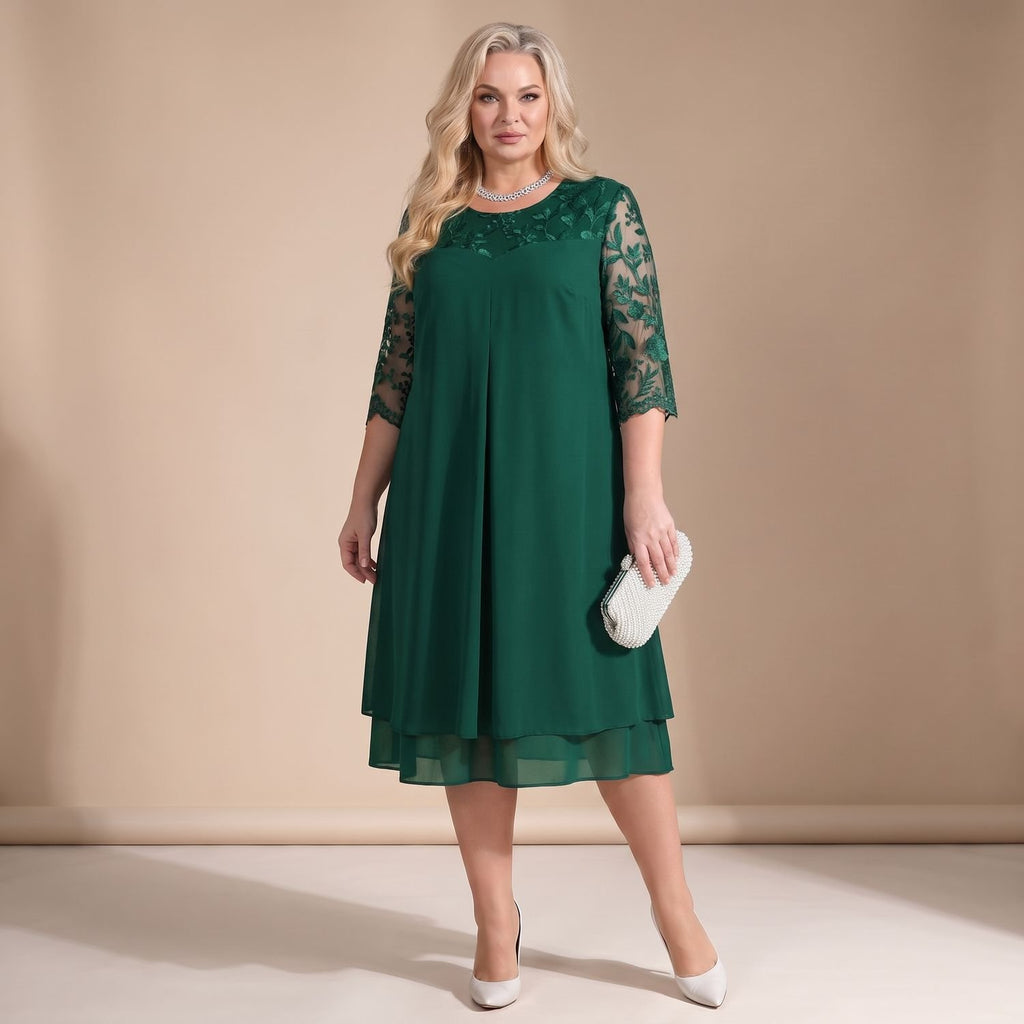 Women's Plus Size Floral Lace Midi Dress Round Neck Half Sleeve - Green