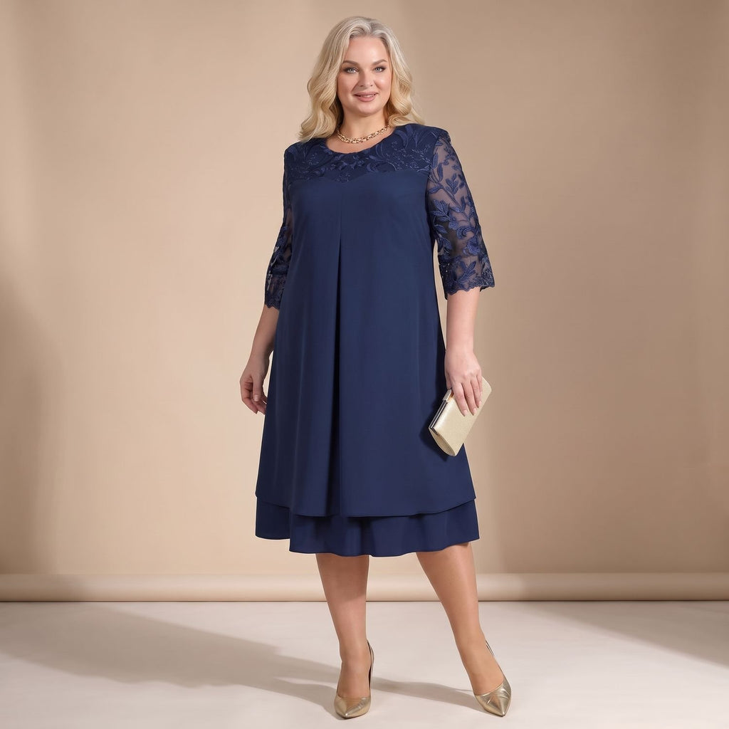 Women's Plus Size Floral Lace Midi Dress Round Neck Half Sleeve - Navy Blue