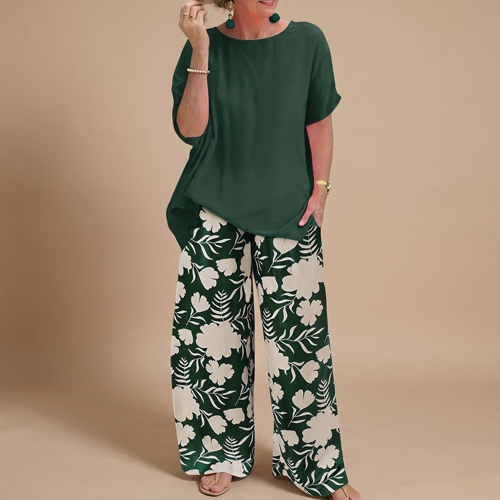 Women's Plus Size Floral Wide-Leg Pants Two-Piece Top Set - Forest Green