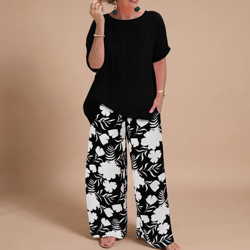 Women's Plus Size Floral Wide-Leg Pants Two-Piece Top Set - Black