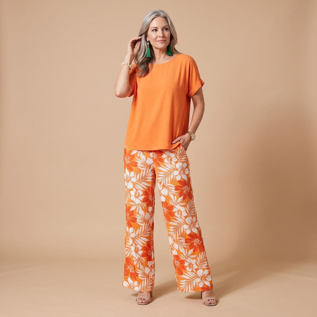 Women's Plus Size Floral Wide-Leg Pants Two-Piece Top Set - Orange