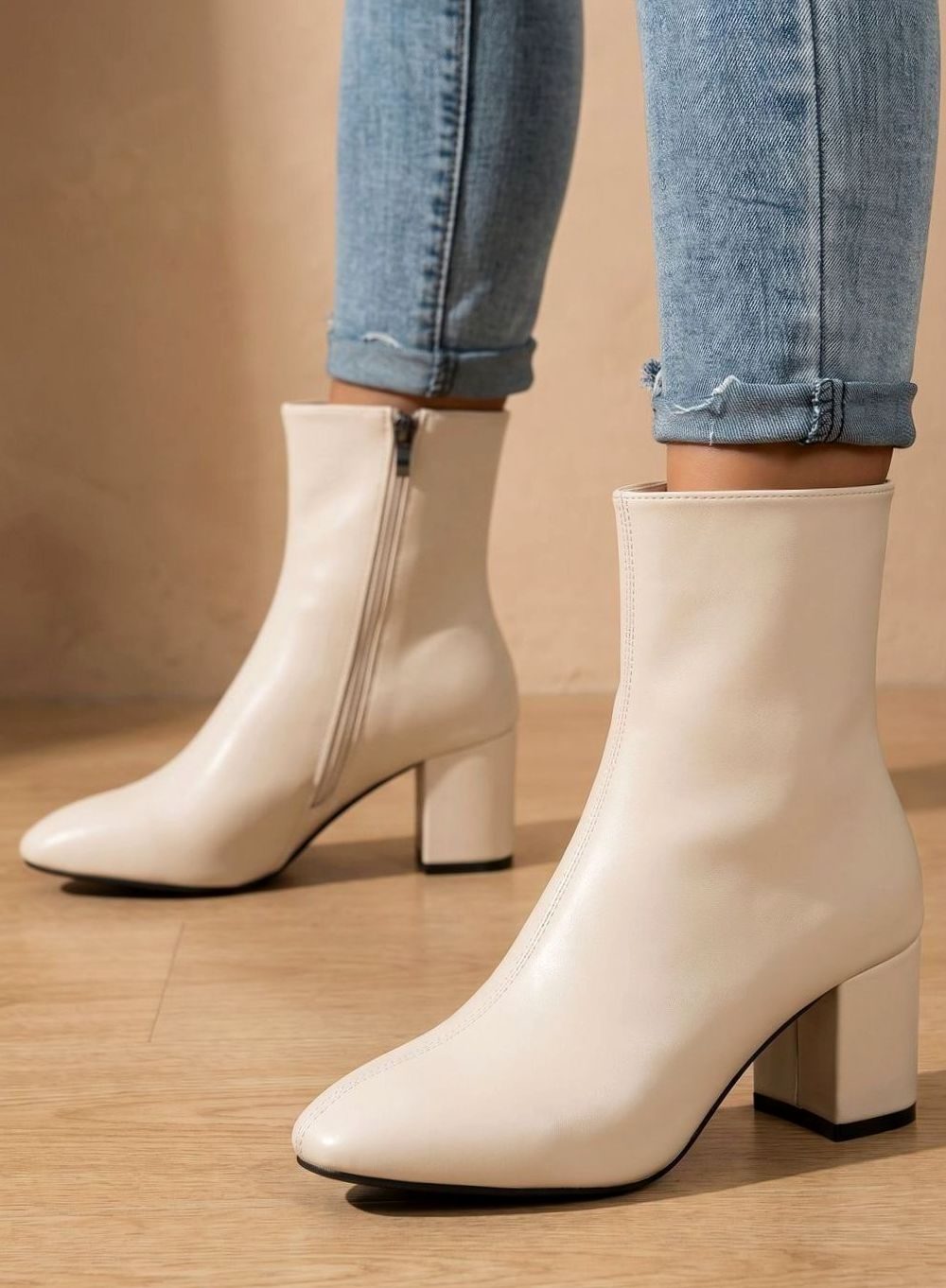 Women's Pointed-Toe Block-Heel Side-Zip Ankle Booties - Beige