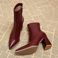 Women's Pointed-Toe Chunky Heel Leather Ankle Booties - Brick Red
