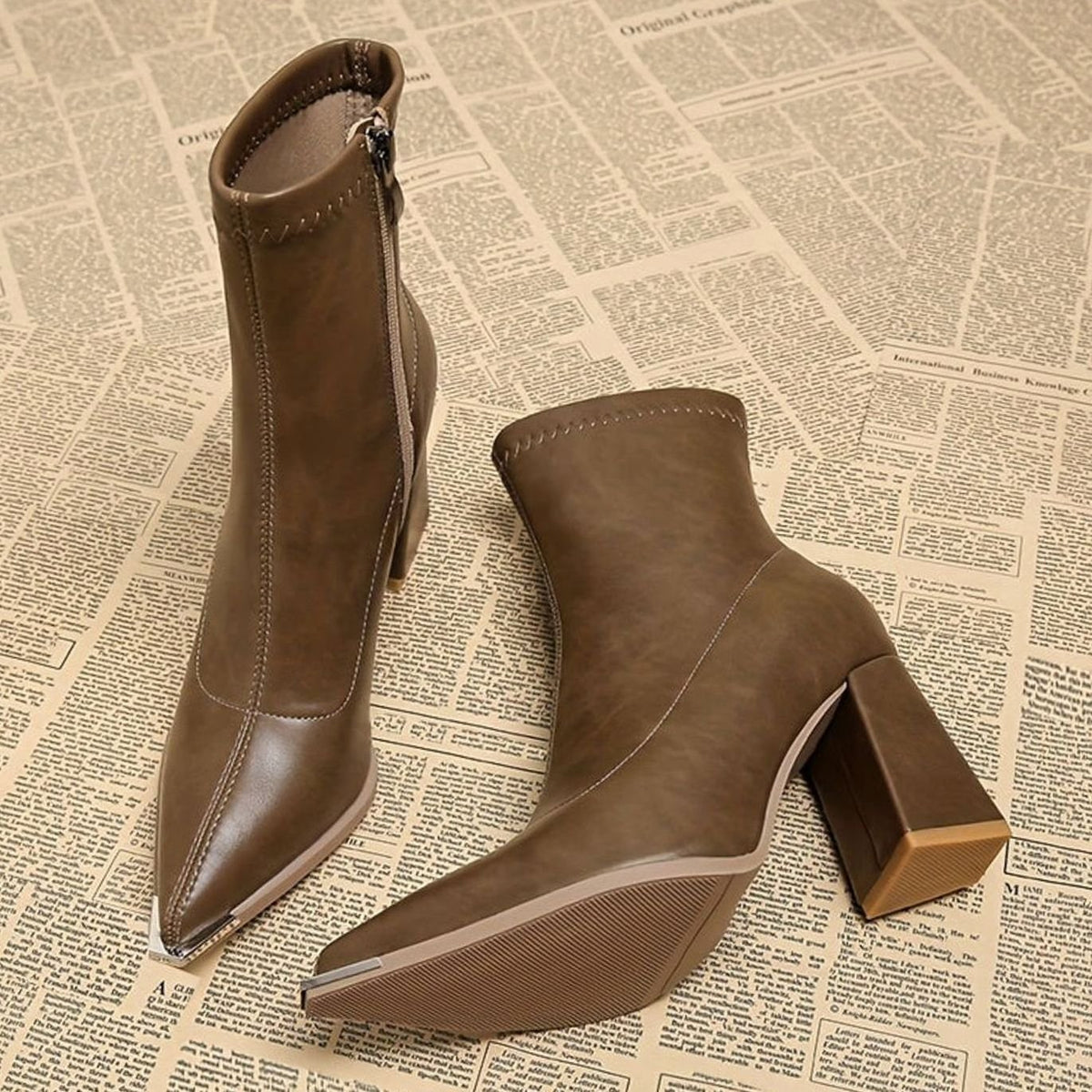 Women's Pointed-Toe Chunky Heel Leather Ankle Booties - Khaki